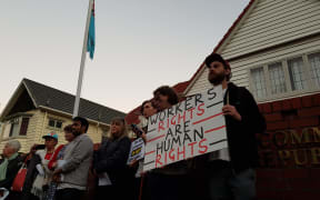 Protesters gathered outside Fiji's High Commission in Wellington in solidarity for their Fijian counterparts.