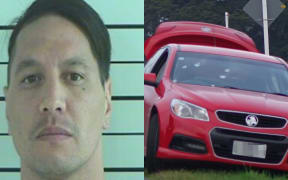 A photo that police say shows Rollie Heke, left, and a photo taken by RNZ of a car with visible bullet holes left at the scene.