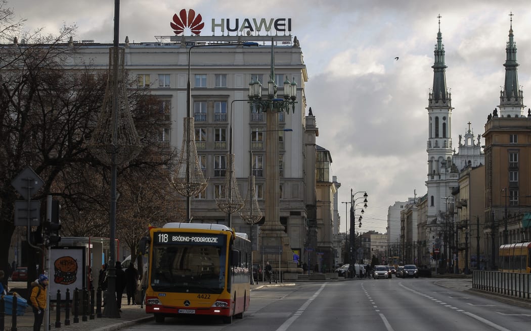 The Huawei logo on a building in the center of Warsaw, Poland.