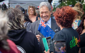 Winston Peters visits protestors at Parliament