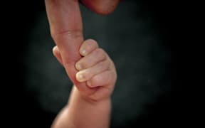 Newborn baby holding finger of parent.