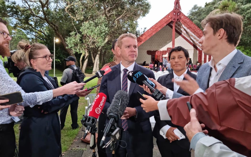 Prime Minister Chris Hipkins speaking at Waitangi.