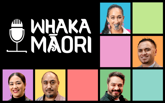A brightly colours grid of squares where some of the squares include the faces of the five hosts of Whakamāori