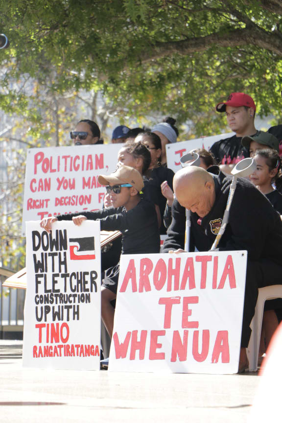 Mana whenua at a hikoi for Ihumatao pictured at Aotea Square with placards on 9 April 2019.