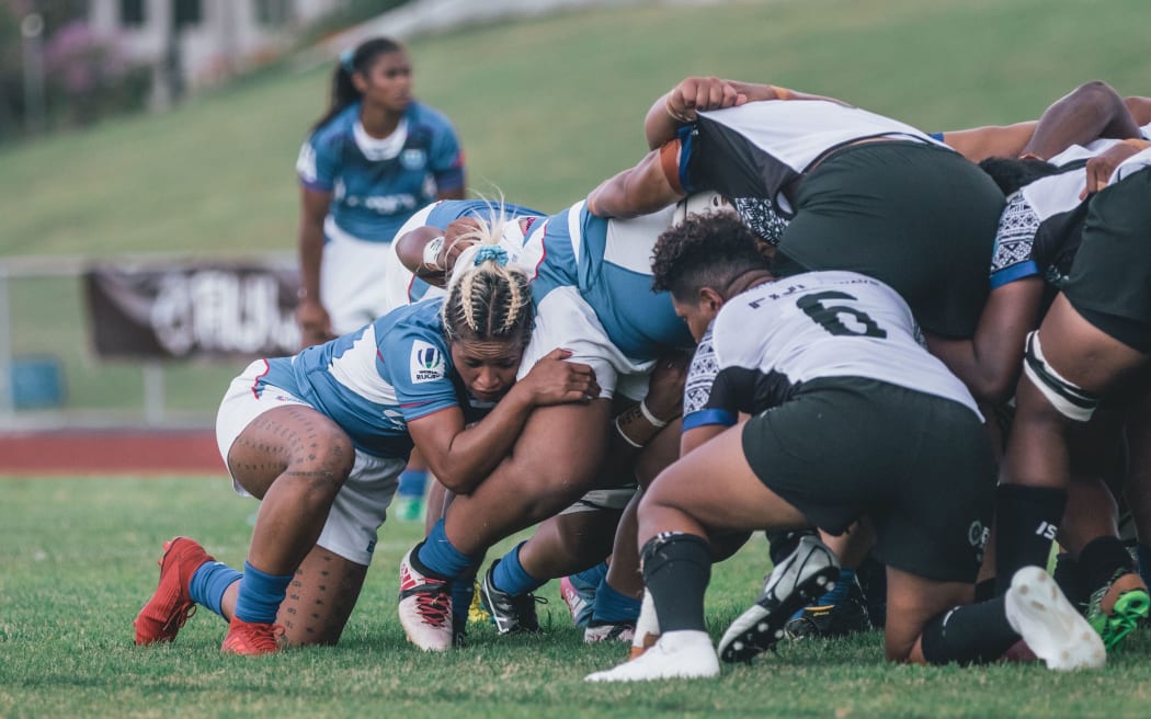 Samoa and Fiji women pack a scrum in the Oceania Championship