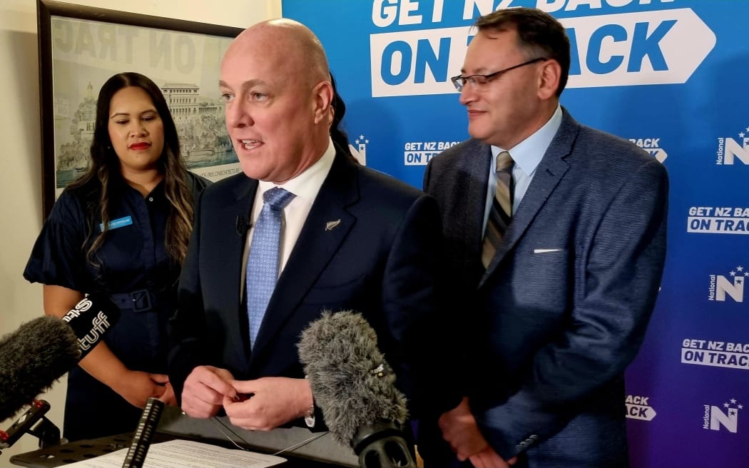 National Party leader Christopher Luxon (centre) and Shane Reti (right) announce new health targets in the Auckland suburb of Grey Lynn on 10 September 2023.