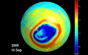 The hole in the ozone layer above Antarctica in 2009. The area in blue indicates low ozone concentration in the lower stratosphere.