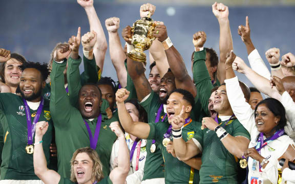 South Africa celebrates with the trophy after winning the World Cup Japan 2019, Final rugby union match between England and South Africa on November 2, 2019 at International Stadium Yokohama in Yokohama, Japan