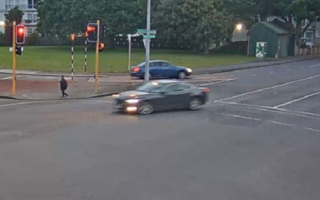 A CCTV image of the stolen car (foreground) that was involved in a hit and run on Waiwhetu Road from Whites Line East on 16 November 2023.