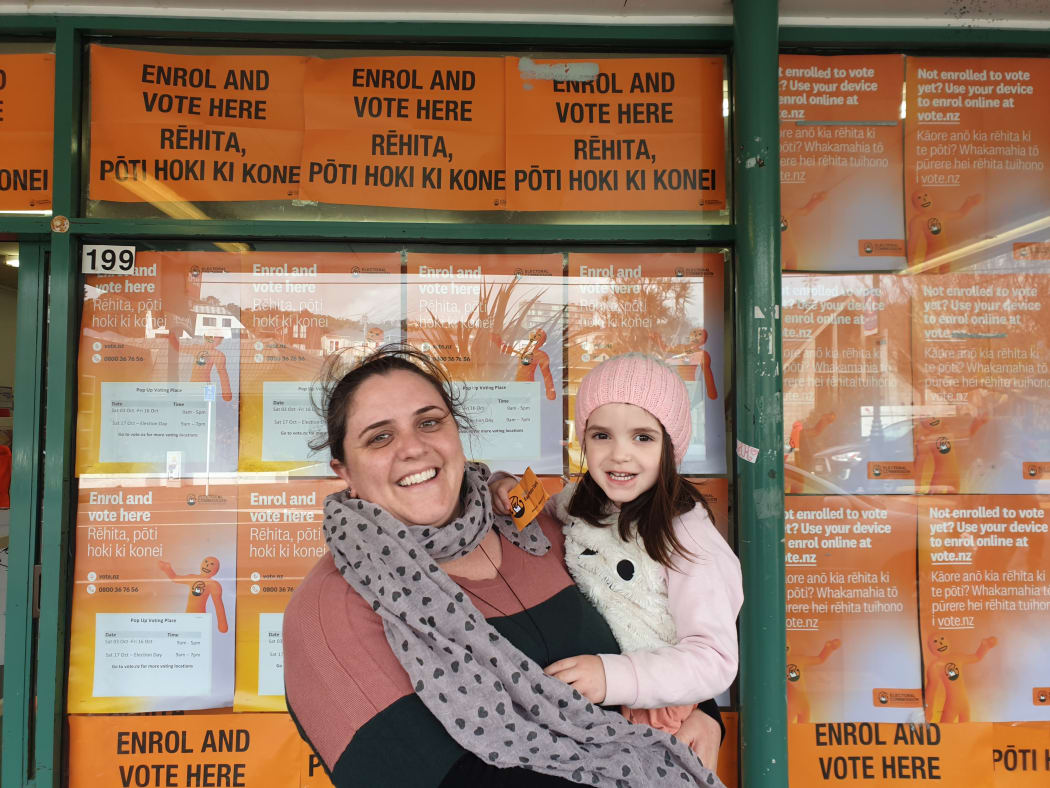 Tanya and her daughter Te Aroha at the Riddiford St polling station in Wellington, on the first day of voting.