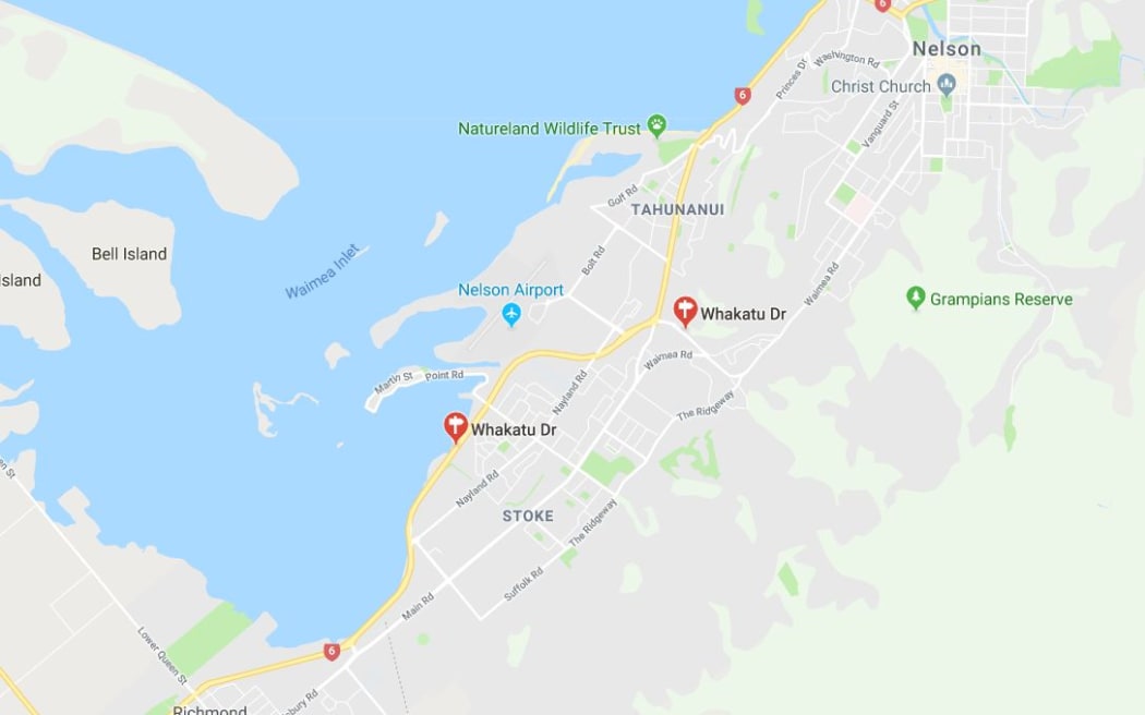 Map showing Whakatu Drive, Nelson, where several people were injured in a crash involving a single car.