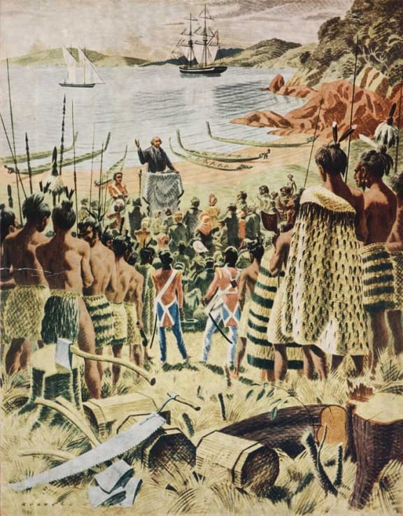 Russell Clark's reconstruction of Samuel Marsden's Christmas Day service at Hohi (Oihi) Bay in 1814.