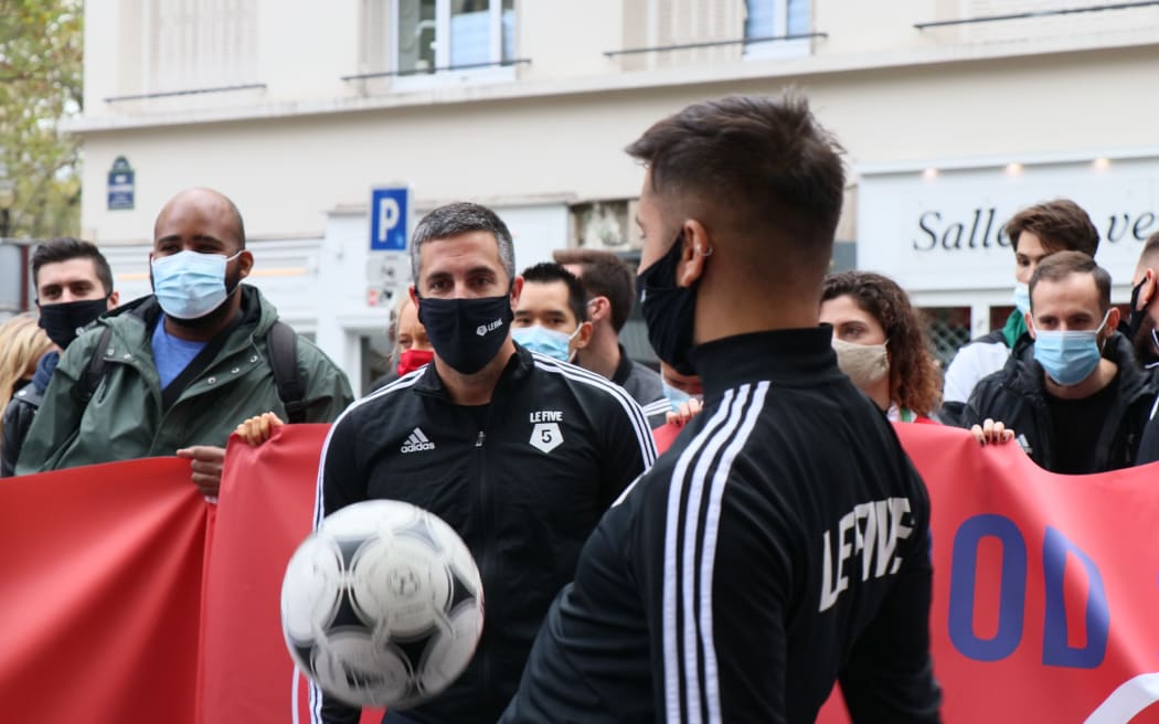 PARIS, FRANCE - OCTOBER 09: Sports fan and sports hall owners march towards French Health Ministry building from Raul-Dautry Square to protest government's coronavirus (Covid-19) measures  pandemic measures in Paris, France on October 09, 2020.