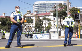 Police at Covid convoy protest - Parliament, Wellington on 24 February 2022.