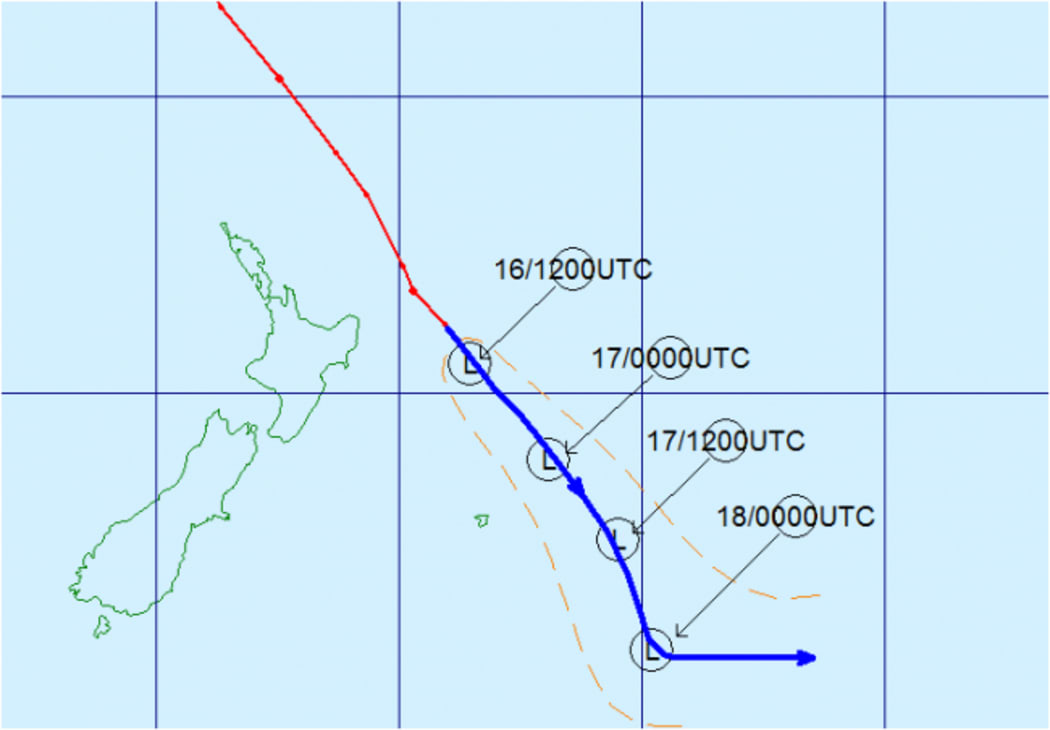 The historical track of Cyclone Pam (red line) and its forecast track (blue line) with forecast positions marked as circled L’s in universal coordinated time.