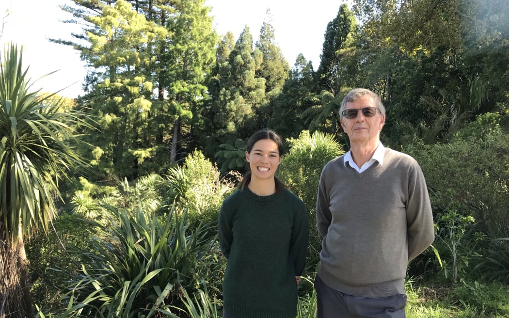 Hannah Rogers and Professor Bruce Clarkson stand at the top of Seely's Gully in Kirikiriroa