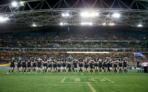 The All Blacks lined up for the national anthem. Australia v New Zealand Bledisloe Cup. 2018. Sydney.
