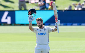 Kane Williamson of the Black Caps reachs 100 runs during Day 2 of the 2nd cricket test match, NZ Black Caps V Pakistan. Hagley Oval, Christchurch, 2021.