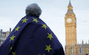 A pro-European Union protestor stands outside the Houses of Parliament.