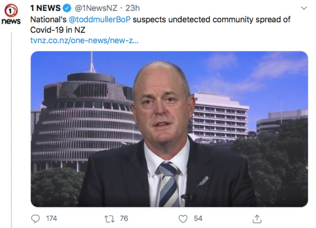 National leader Todd Muller told TVNZ he suspects community tranmission of Covid-19 has returned to New Zealand