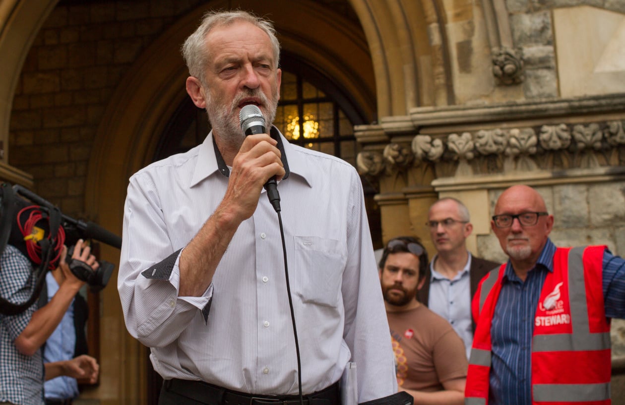 Jeremy Corbyn speaks with supporters outside the Ealing Town Hall in London in July 2015.