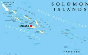 Solomon Islands political map with capital Honiara on Guadalcanal. Sovereign country consisting of six major islands in Oceania between Papua New Guinea and Vanuatu.