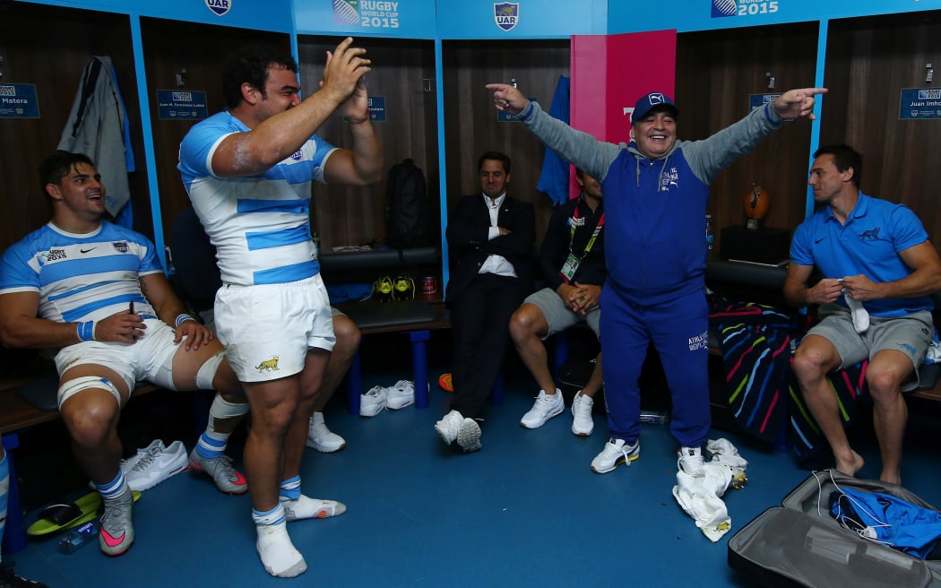Diego Maradona in the Pumas changing rooms at the 2015 Rugby World Cup.