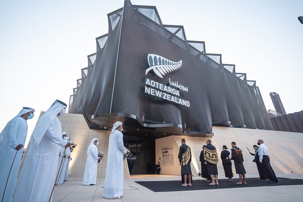 Emirati and Whanganui river leaders perform a dawn ceremony ahead of the opening of Expo 2020 Dubai.