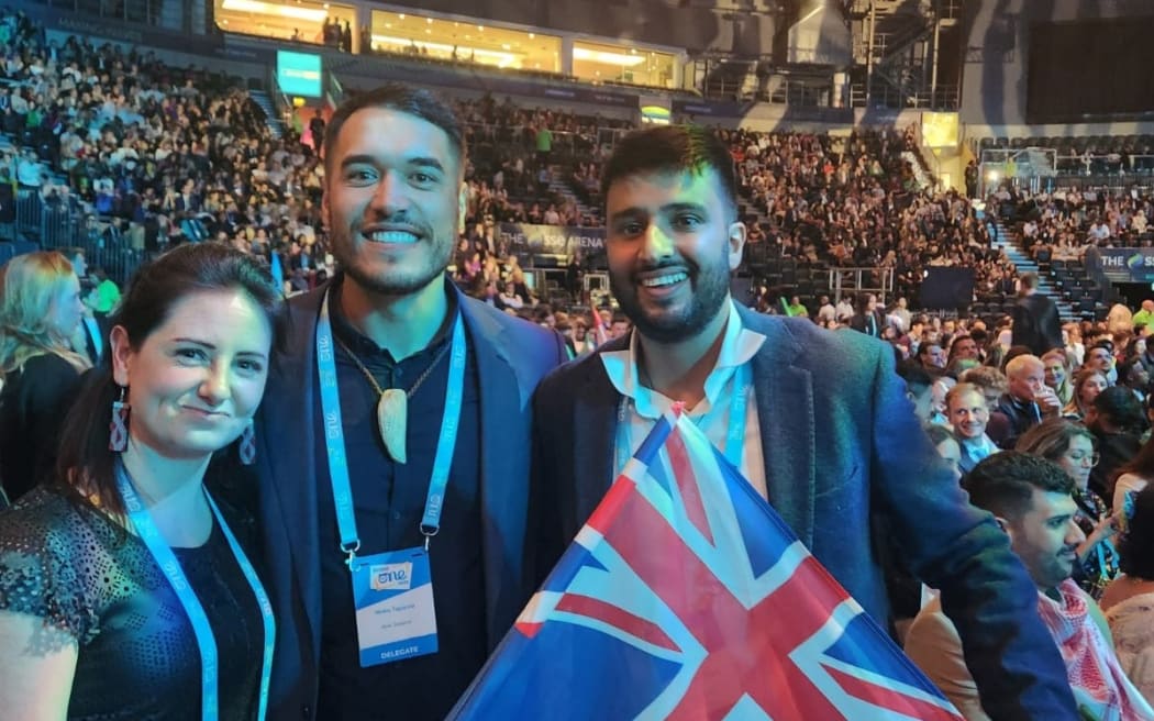 Far North Kahika (Mayor) Moko Tepania (centre) with fellow delegates at the One Young World summit in Belfast. Photo: Moko Tepania