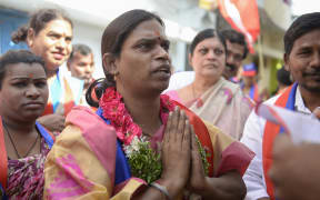 Indian transgender political candidate Chandramukhi Muvvala, centre, campaigning near Hyderabad. November 2018.