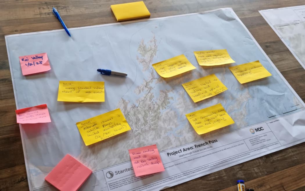Feedback on a map of the Marlborough Sounds at a community meeting in Rai Valley.