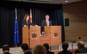 EU Commissioner for Trade Cecilia Malmström and Trade Minister David Parker at the EU Trade negotiations press conference.
