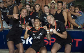 Black Ferns 7s Ruby Tui, Gayle Broughton and Kelly Brazier after their win in the final at the HSBC World Rugby Sevens 2020, Hamilton, New Zealand.