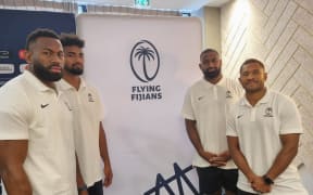 Flying Fijians players at the team announcement in Bordeaux on Friday (from left) Isoa Nasilasila, Lekima Tagitagivalu, Temo Mayanavanua and Teti Tela.