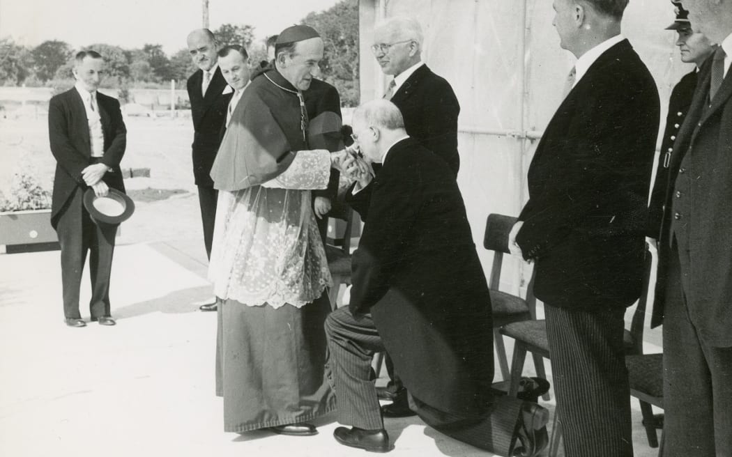 Irish president Eamon de Valera kissing the ring of the Archbishop of Dublin, John Charles McQuaid, 1962