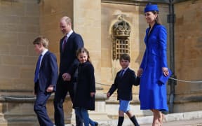 Britain's Prince William, Prince of Wales (2L), Britain's Prince George of Wales (L), Britain's Catherine, Princess of Wales (R), Britain's Princess Charlotte of Wales (C) and Britain's Prince Louis of Wales arrive for the Easter Mattins Service at St. George's Chapel, Windsor Castle on 9 April, 2023.