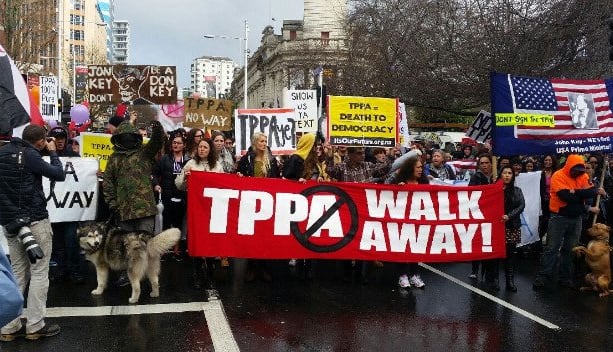 The Auckland crowd poised to march in opposition to the TPP.