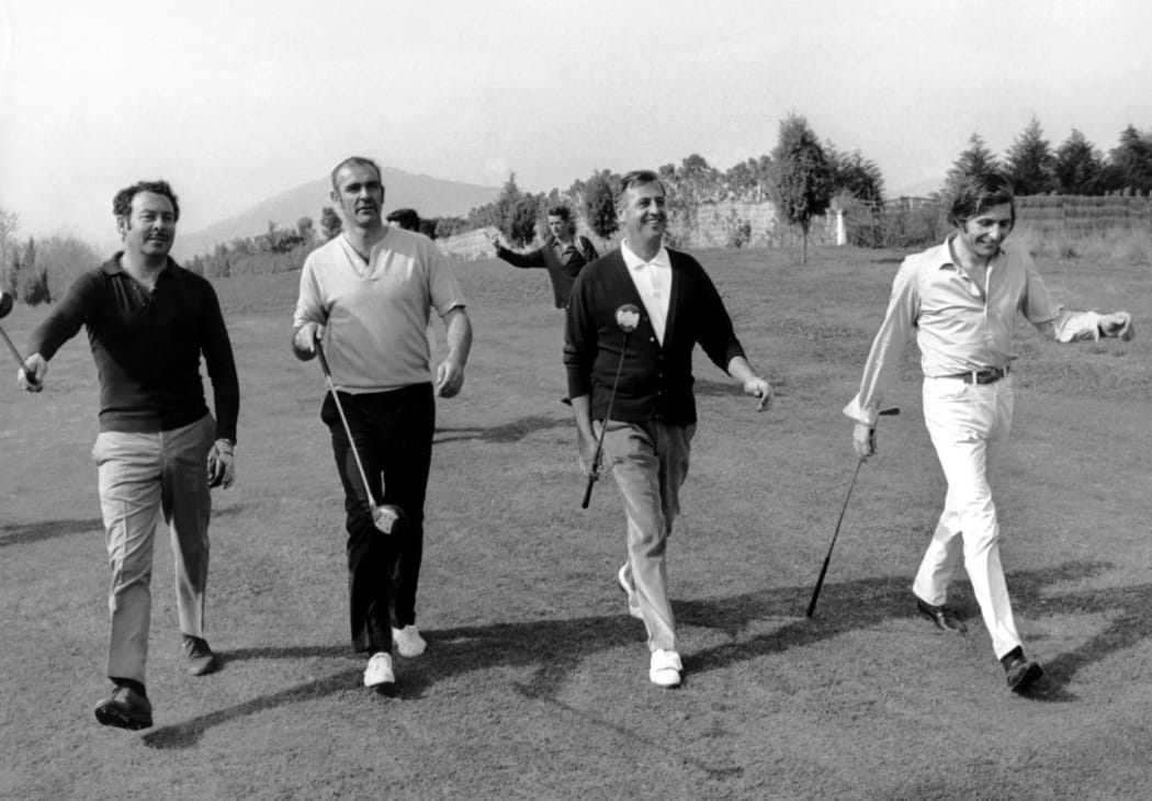 (dpa files) - The Swiss industrial heir, playboy and photographer Gunter Sachs (R) walks with Prince Alfons von Hohenlohe (L), British actor Sean Connery (2nd from L) and Prince Walter Rupprecht von Einsiedel to a golf party in Marbella, Spain, 10 April 1968.