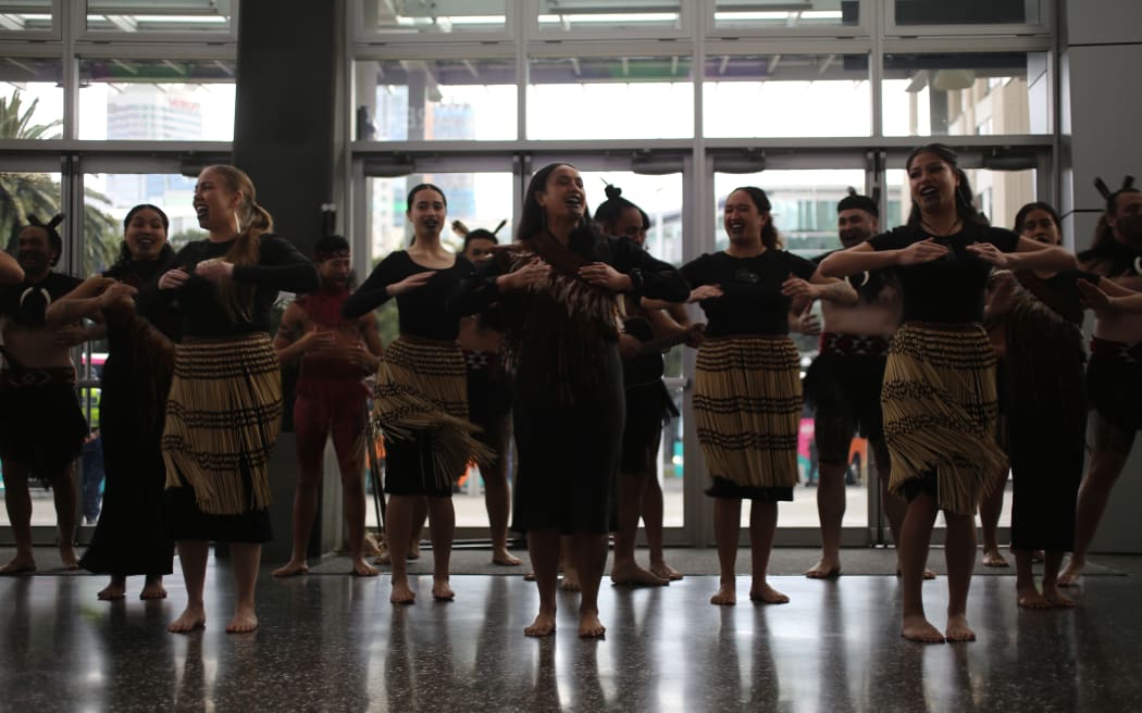 A kapa haka group performs at the official pōwhiri for the FIFA Women's World Cup.