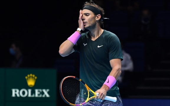 Spain's Rafael Nadal reacts late in the second set against Russia's Daniil Medvedev during their men's singles semi-final match on day seven of the ATP World Tour Finals tennis tournament at the O2 Arena in London on November 21, 2020.