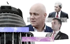 Collage of Christopher Luxon, David Seymour, and Winston Peters looking towards the Beehive