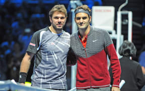 Swiss tennis players Stanislas Wawrinka and Roger Federer at the 2014 ATP World Tour Finals.
