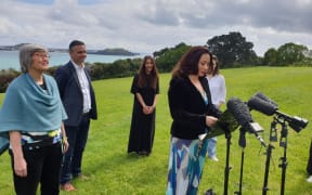 Green Party co-leader Marama Davidson announces the party's policy at Bastion Point.