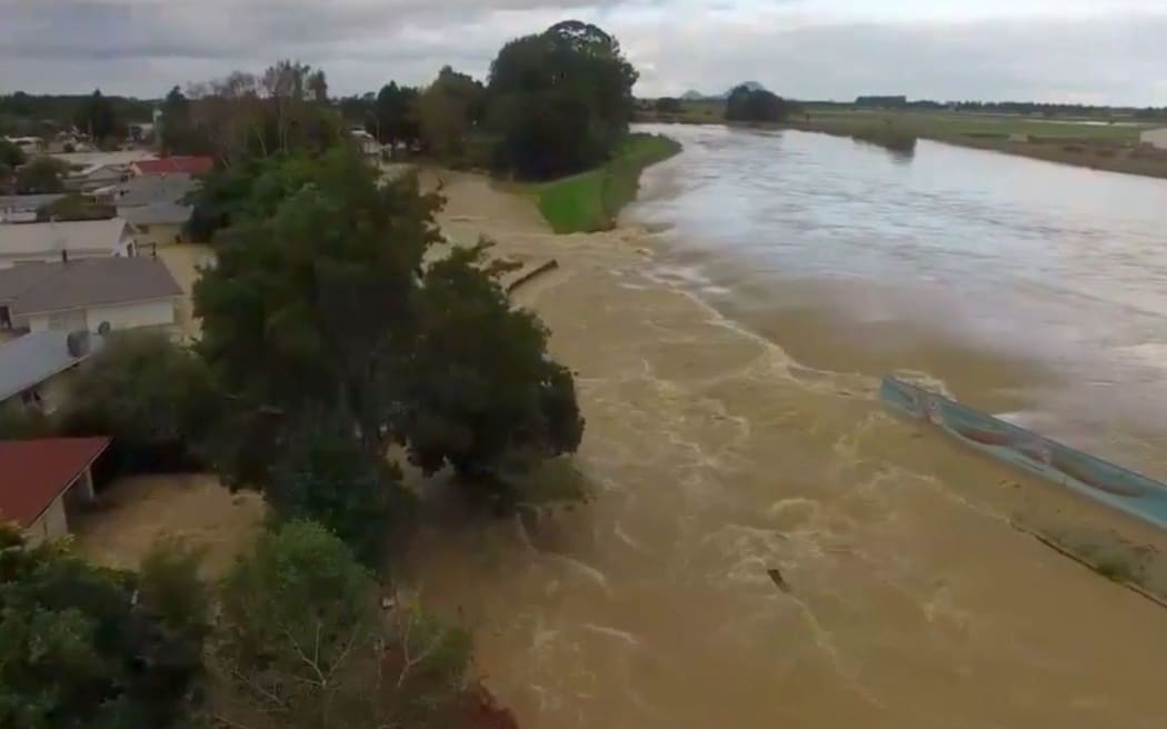 Drone footage of the Rangitāiki River, where it burst its banks, flooding Edgecumbe.