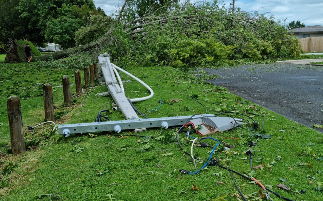 Power lines down in Scott St, Leamington, Cambridge, Waikato.