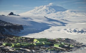 Science research base on Ross Island with Mount Erebus behind, Antarctica.