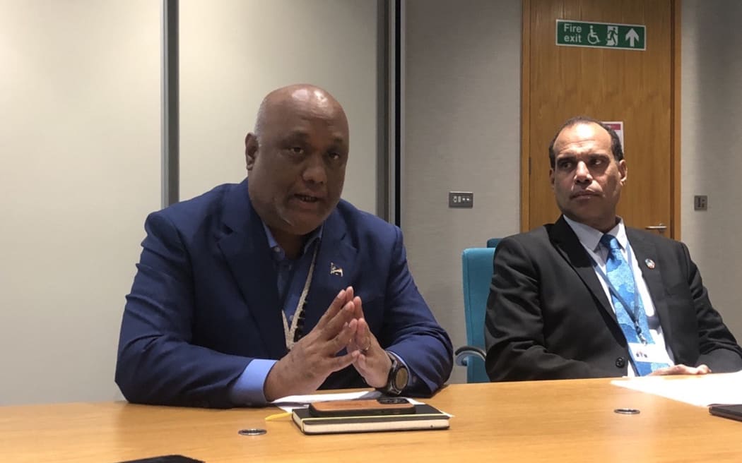 Albon Ishoda, left, and Ralph Regenvanu at the IMO Headquarters in London. 4 July 2023