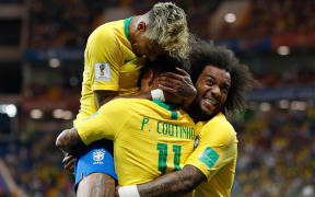 Brazil stars Neymar, left, Philippe Coutinho and Marcelo celebrate.