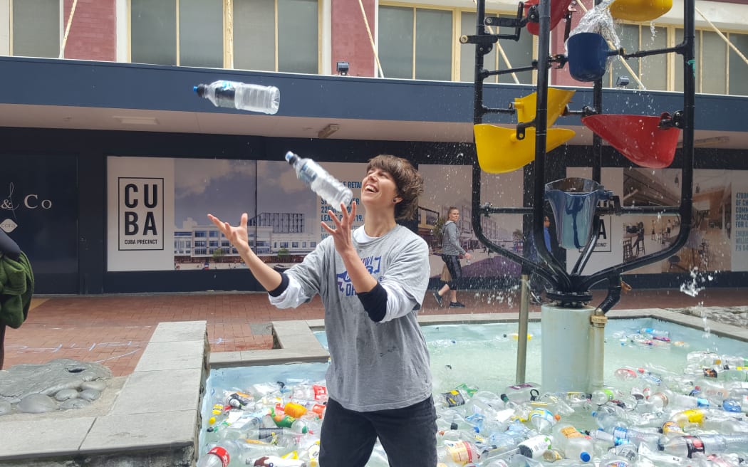 The pop-up bottle drive in Wellington saw the bucket fountain in wellongton's Cuba Mall filled with plastic.
