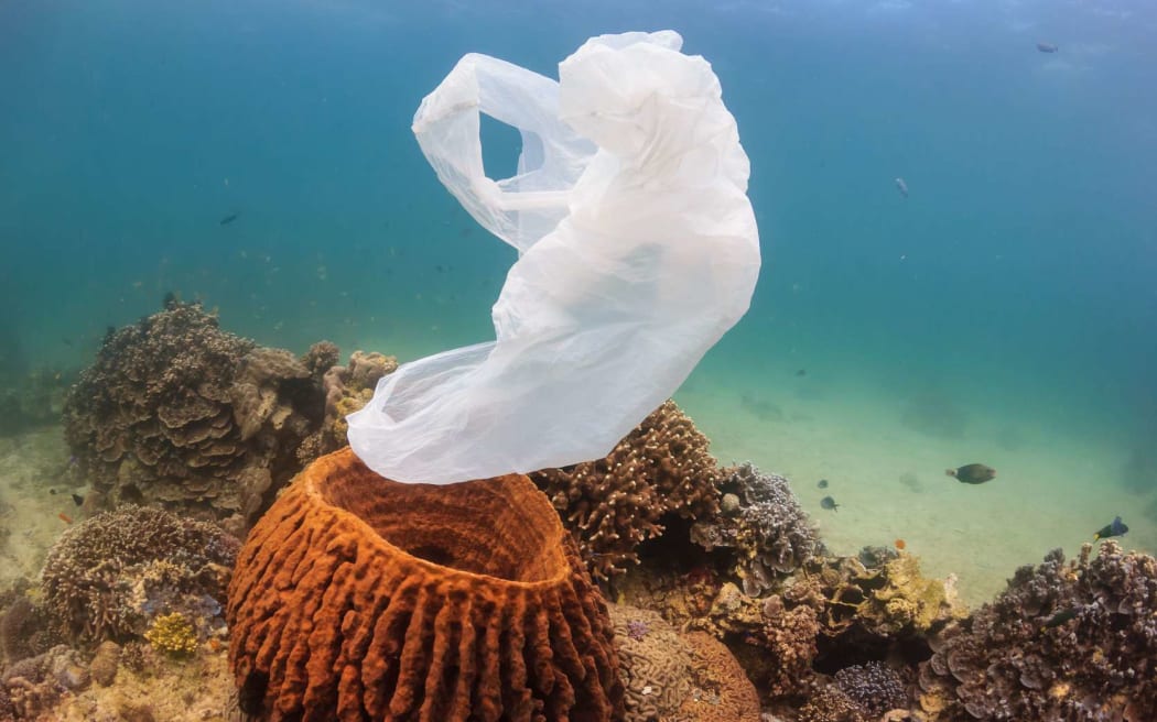 A torn plastic bag drifts over a tropical coral reef causing a hazard to marine life